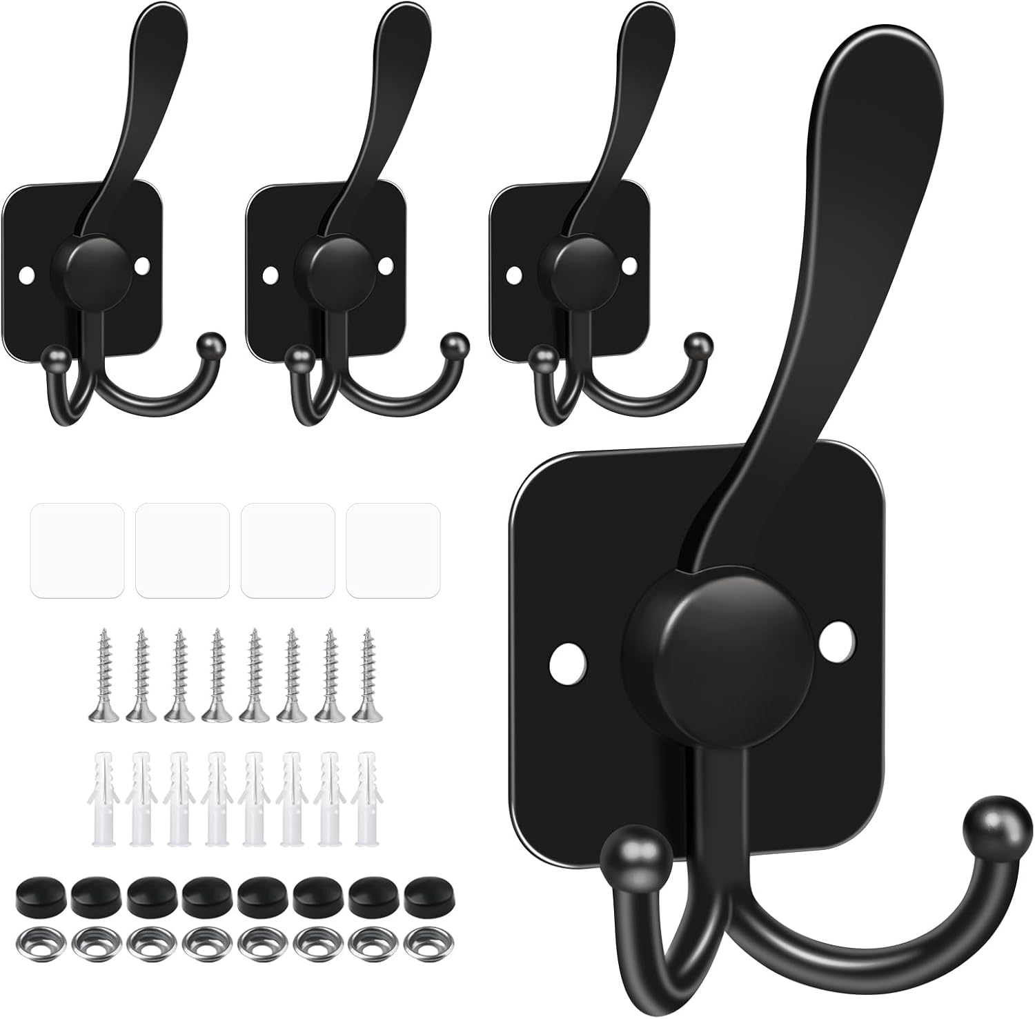 VISV 3 Prong Coat Hooks Wall Mount Black 4 Pcs
