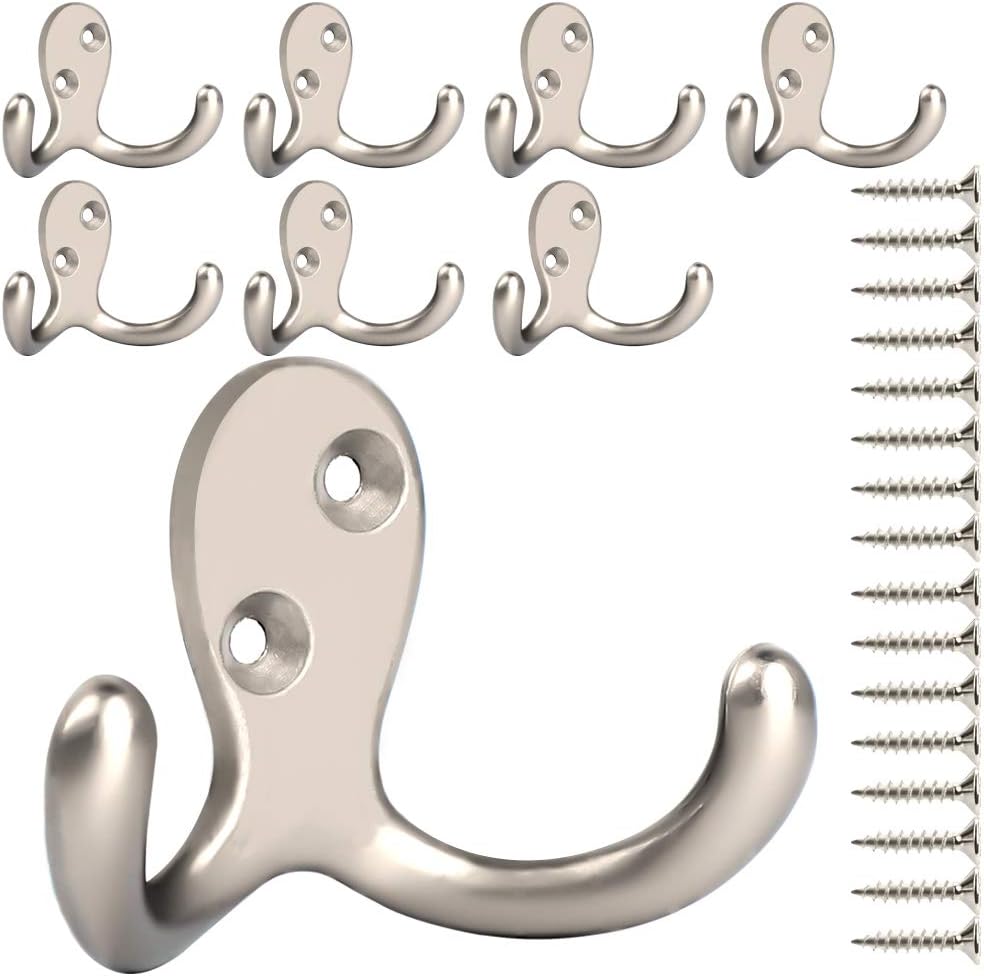 IBosins 8 Pack Heavy Duty Double Prong Coat Hooks Wall Mounted with Screws