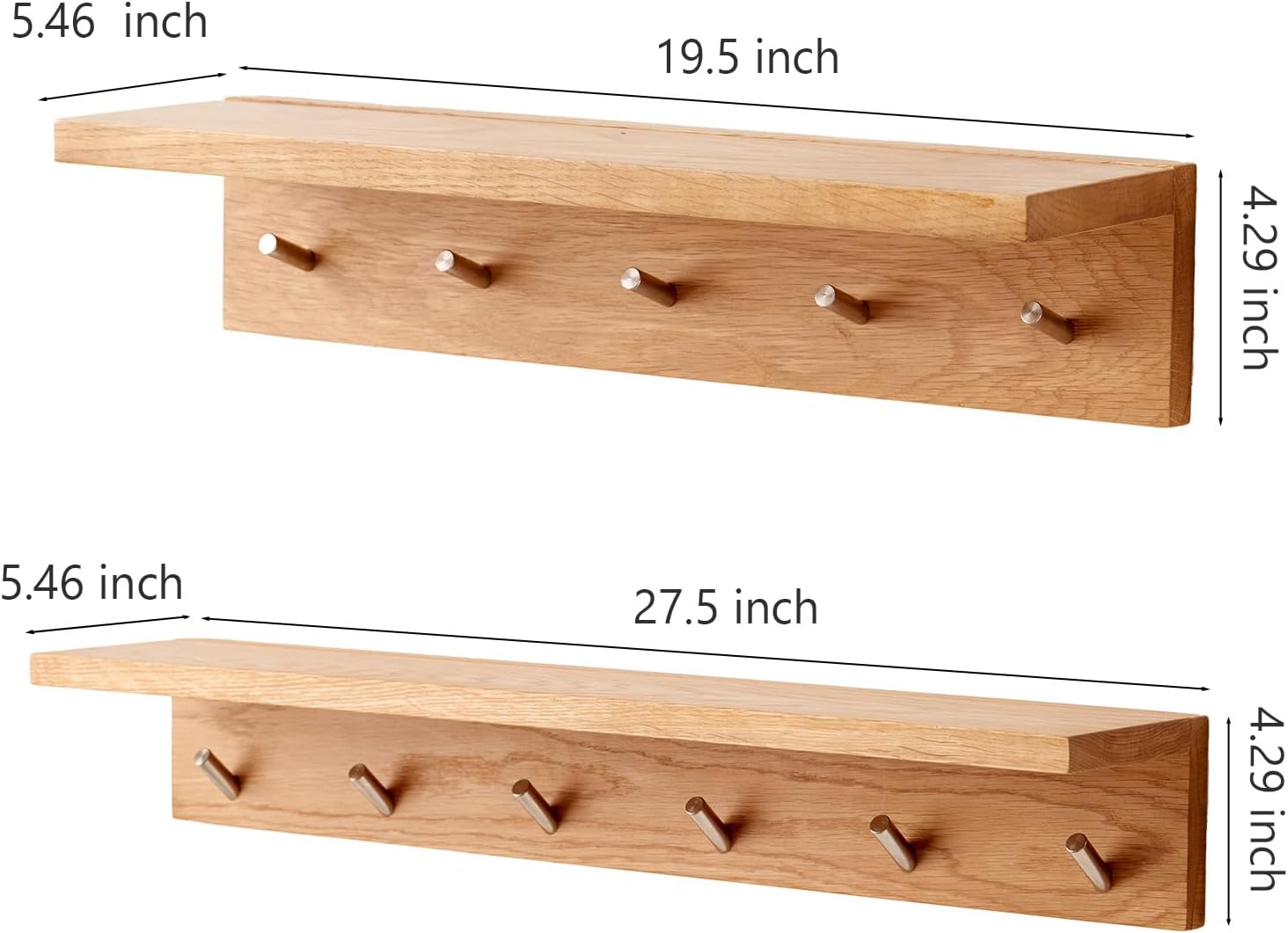 Oak Wood Wall Shelf with 5 Hooks Coat Rack