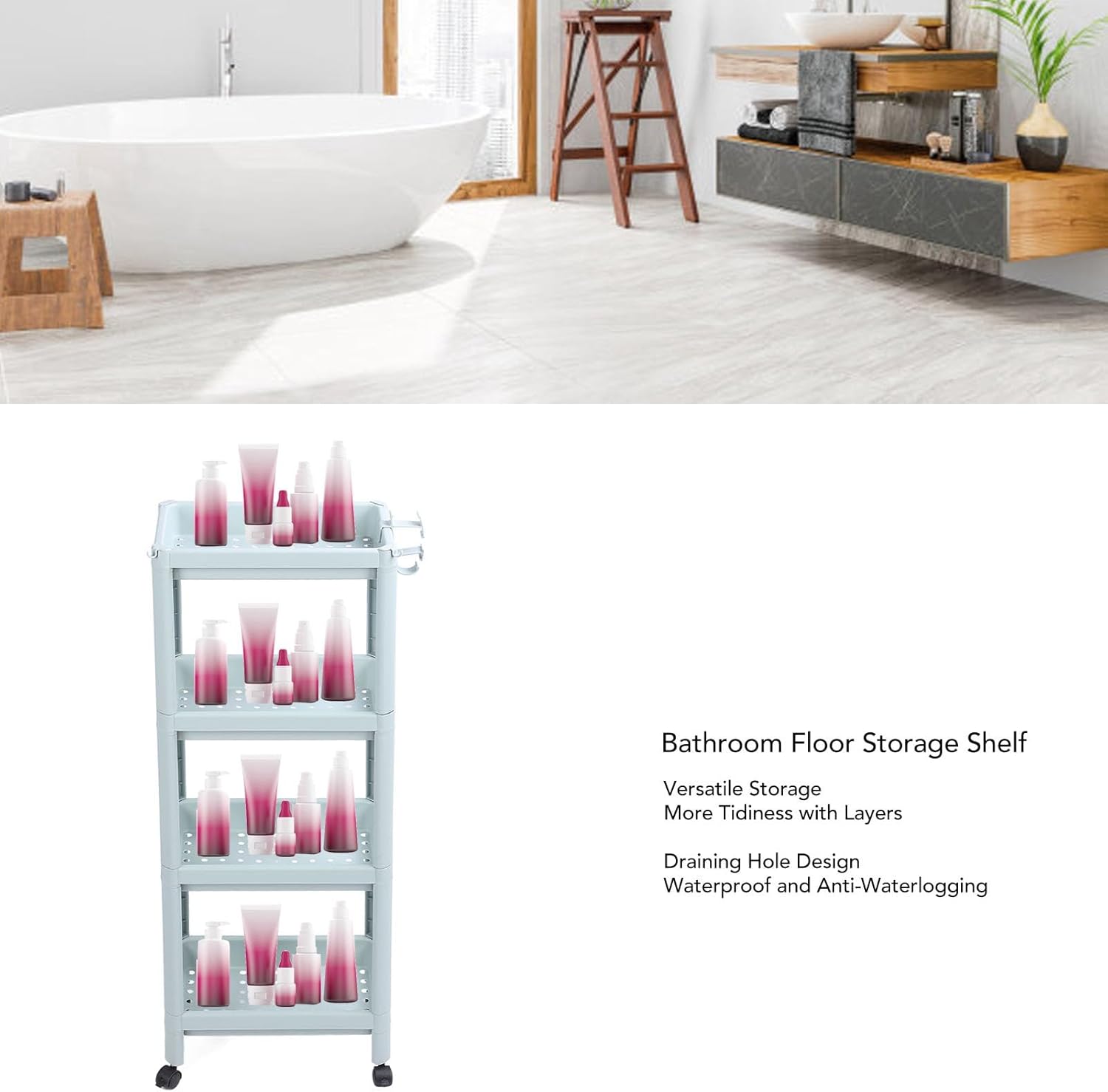 Bathroom Floor Storage Shelf 4 Tier With Wheels