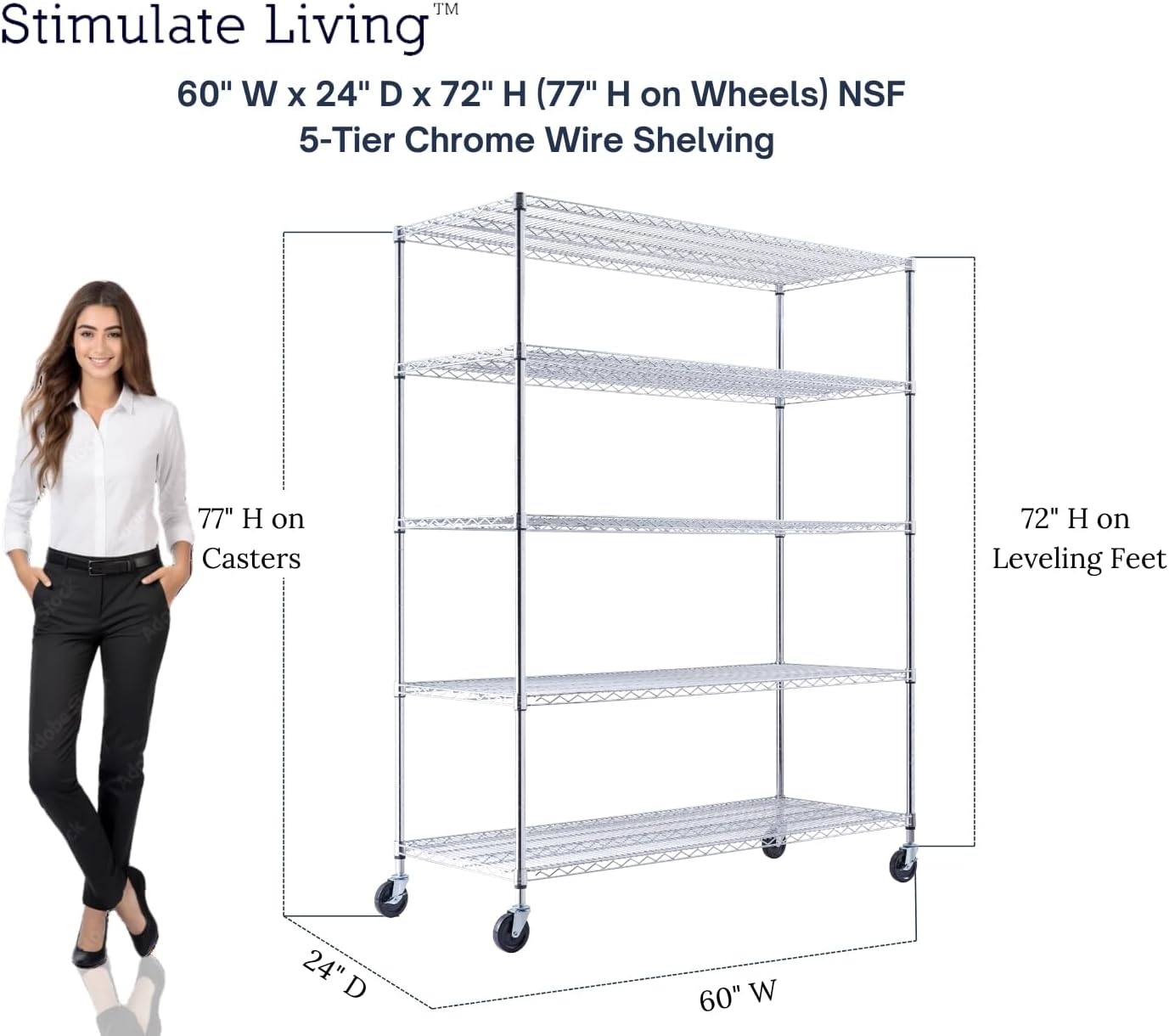 60x24x72 Chrome 5-Tier Heavy Duty Shelving with Wheels
