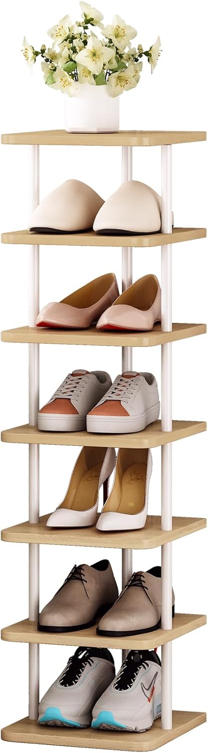 7 Tiers Vertical Shoe Rack for Space Saving White and Oak