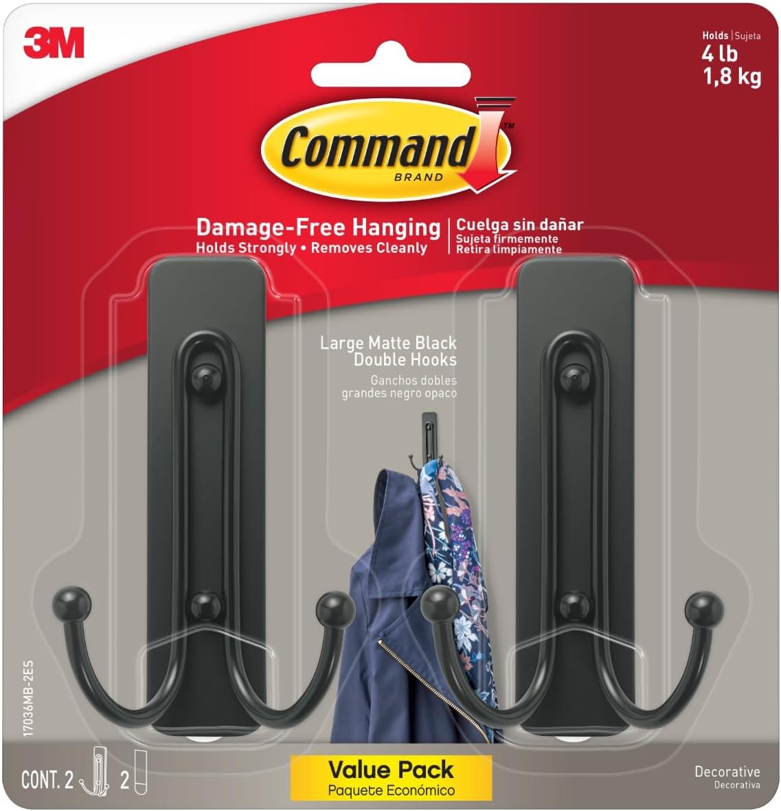 Command Large Matte Black Double Hooks 2-Pack