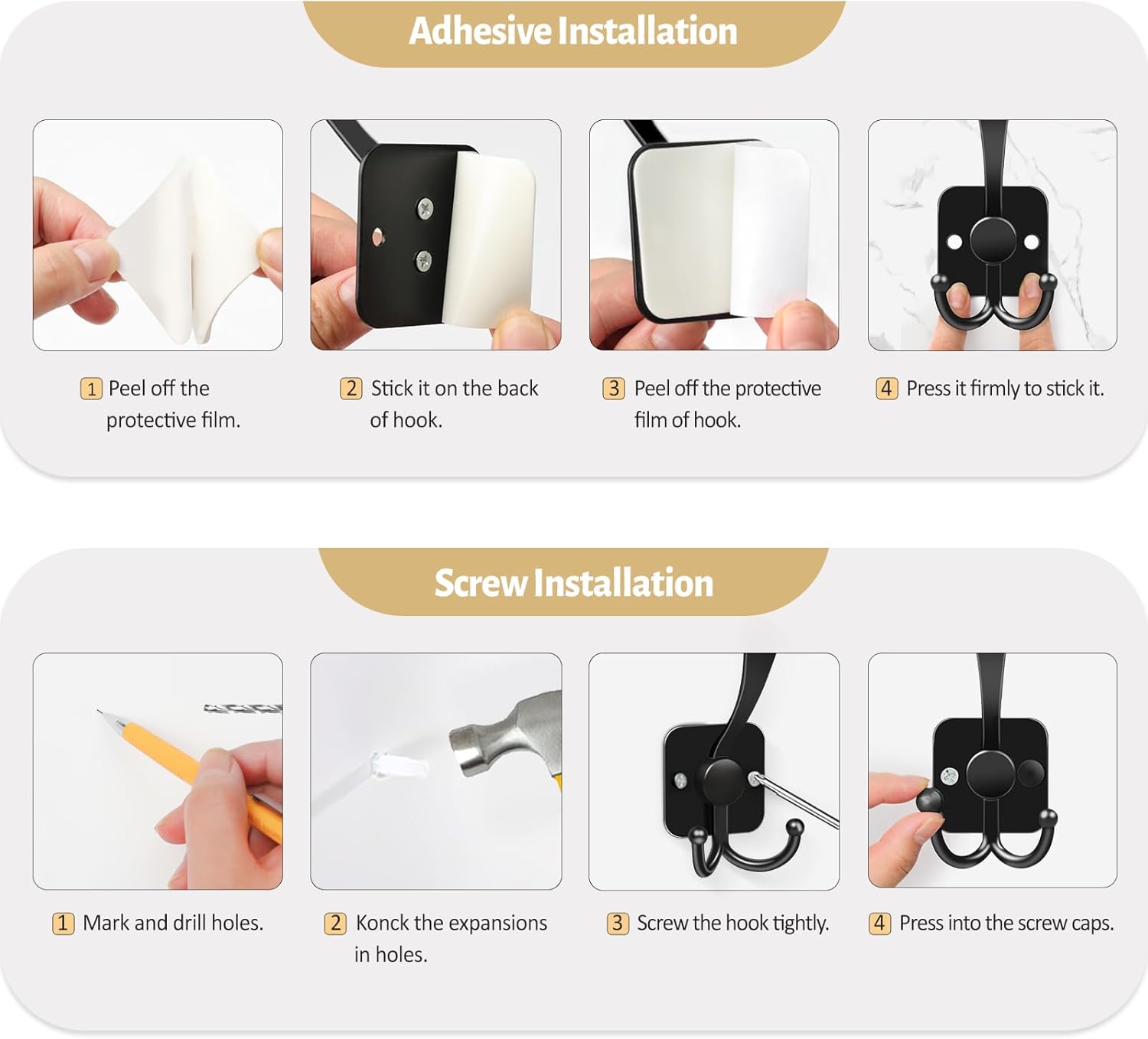 VISV 3 Prong Coat Hooks Wall Mount Black 4 Pcs