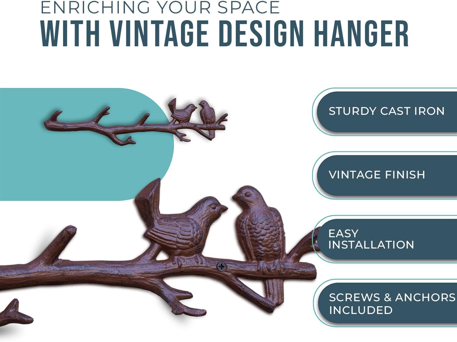 Cast Iron Birds On Branch Hook Rack with 6 Hooks