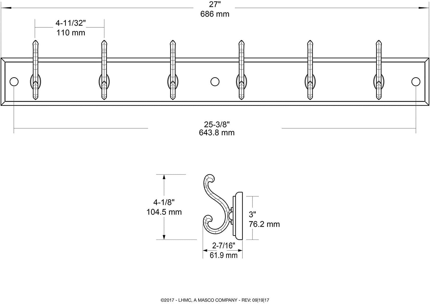 LIBERTY Wall Mounted Coat Rack with 6 Hooks 27 Inch