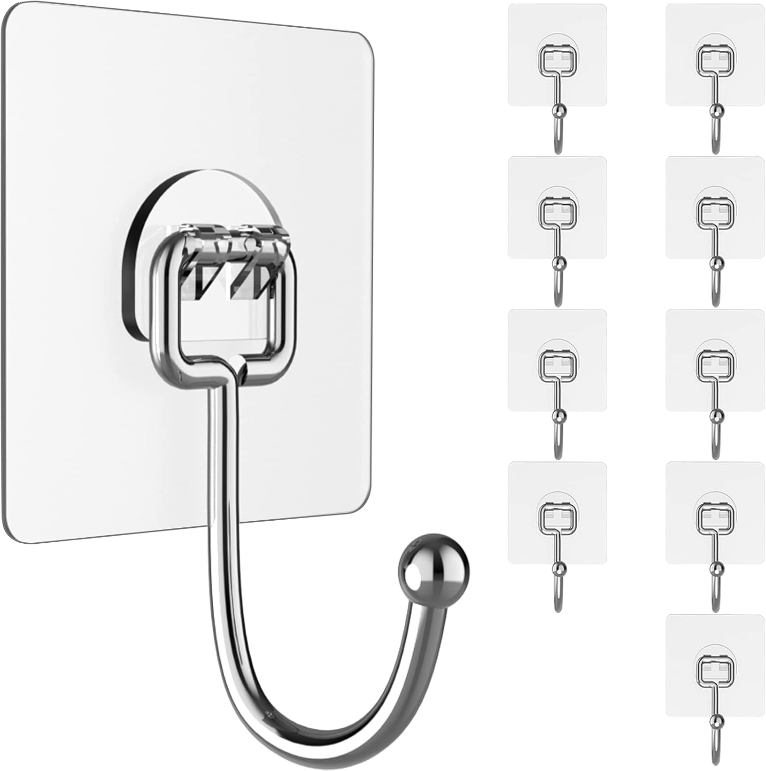 Heavy-Duty 44Lb Wall Hooks 10 Pack Clear Adhesive Removable