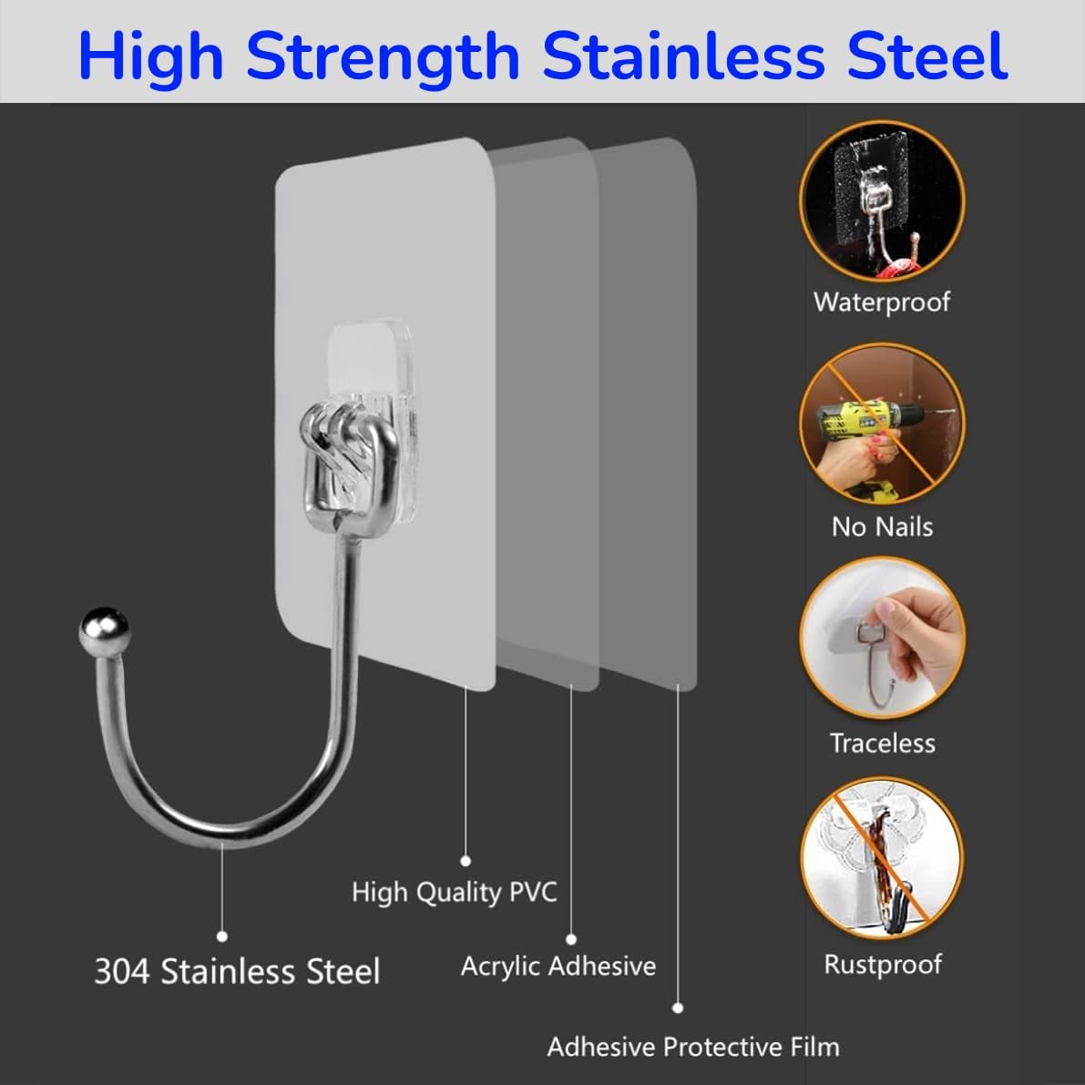 Heavy Duty Adhesive Hooks 8-Pack for 44lbs Max