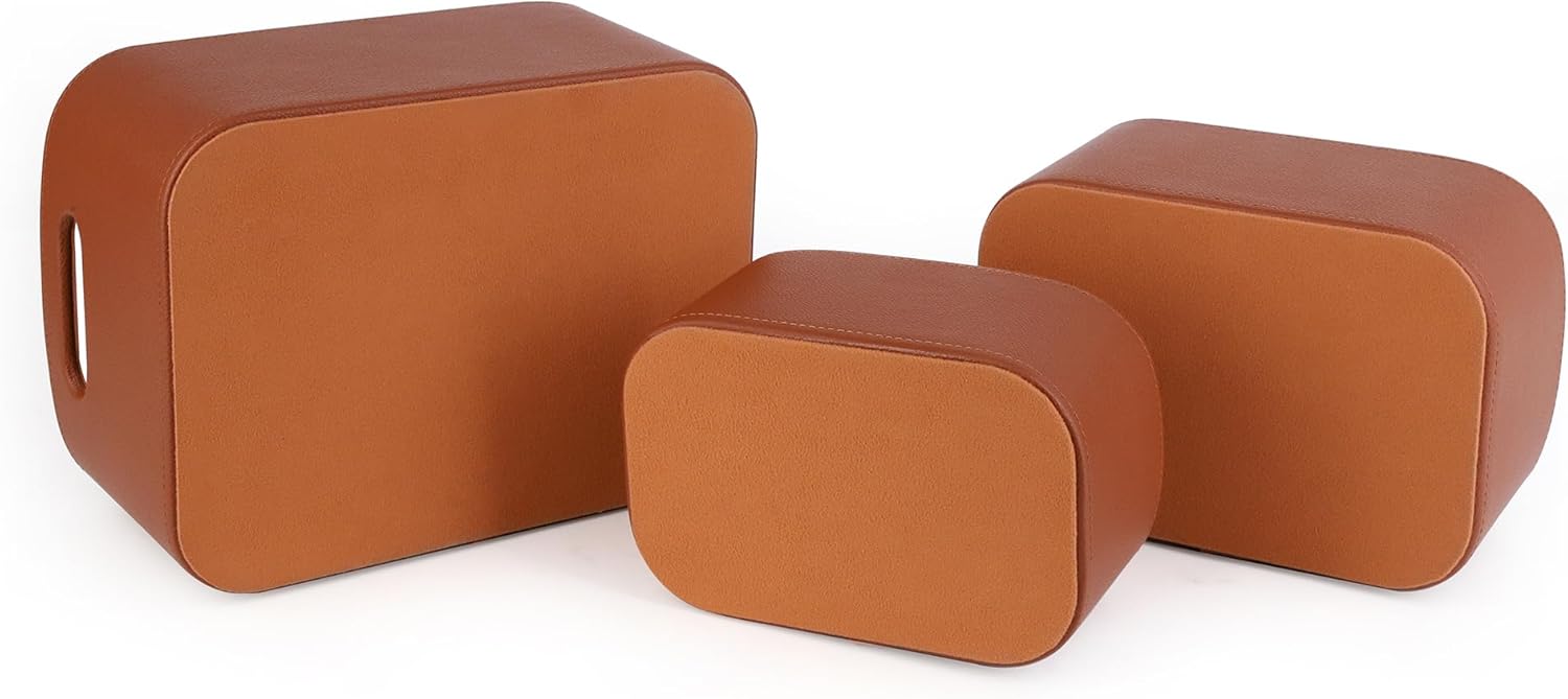 HofferRuffer Faux Leather Baskets with Velvet Lining Set of 3
