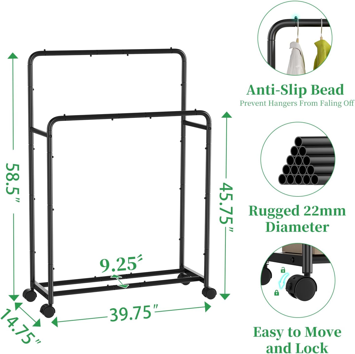 Simple Trending Double Rod Garment Rack with Wheels Black