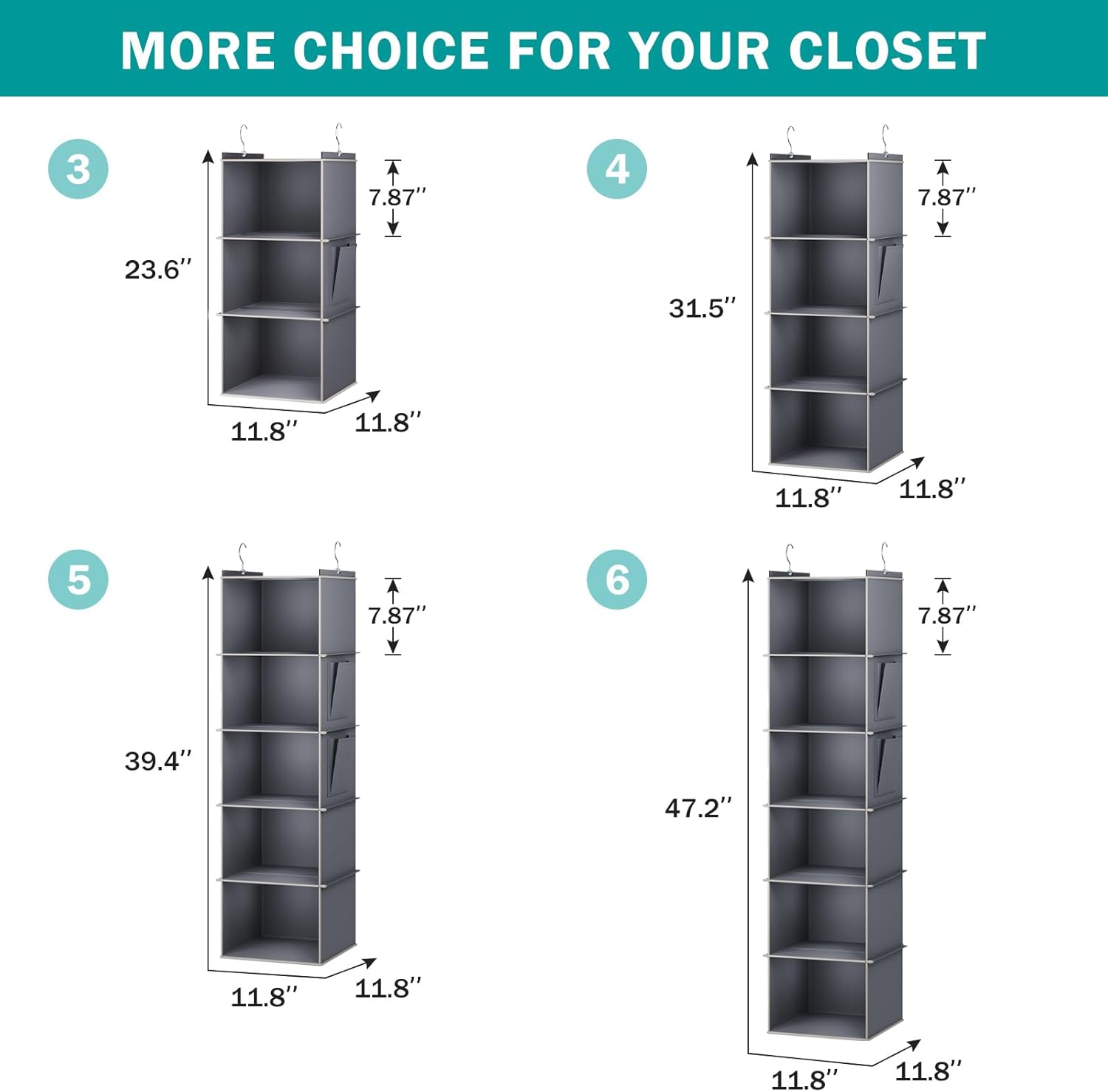 YOUDENOVA 4-Shelf Hanging Closet Organizer Grey