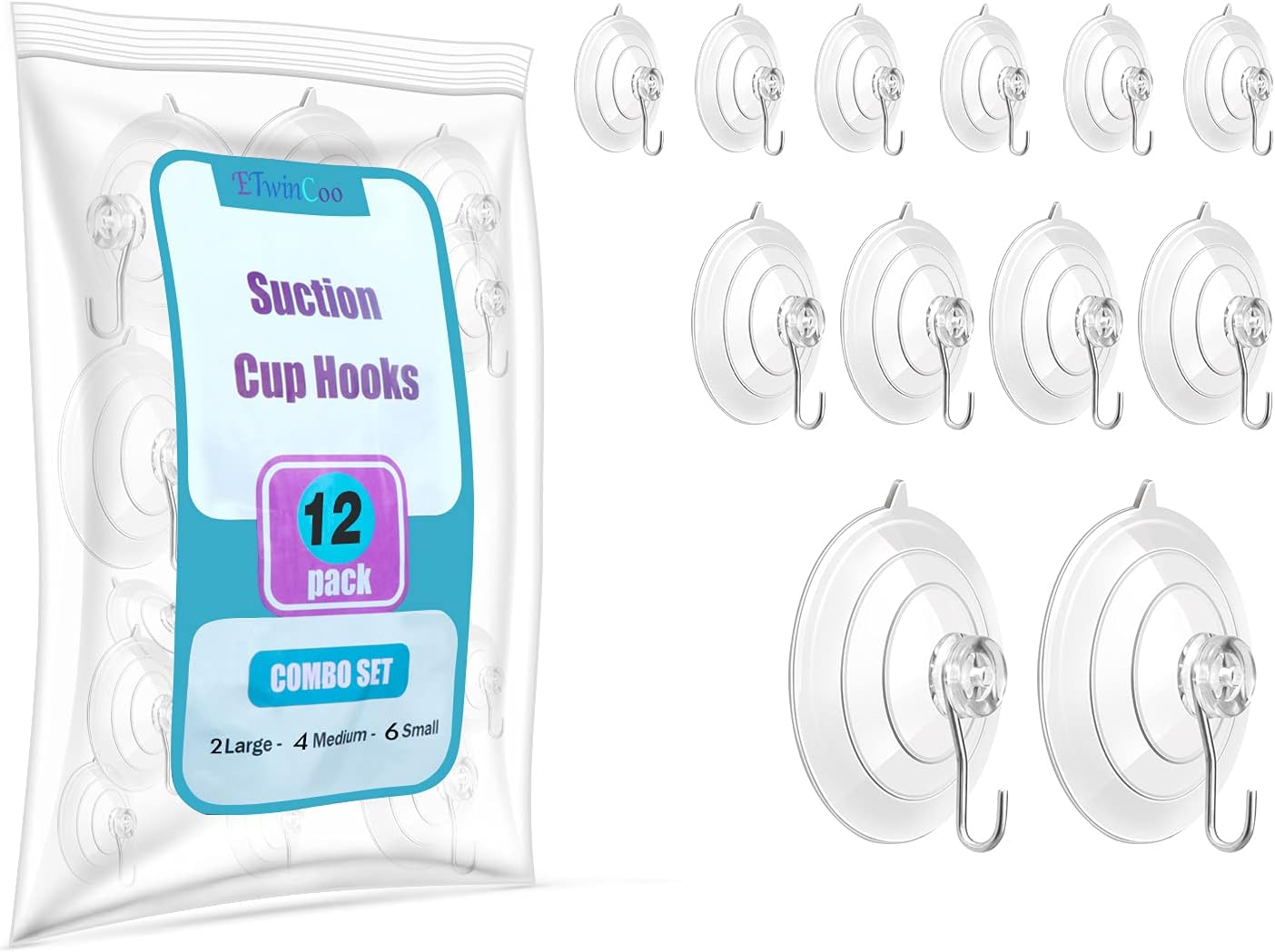 ETwinCoo All-Purpose Suction Cups Hooks Combo Set 12 Pack