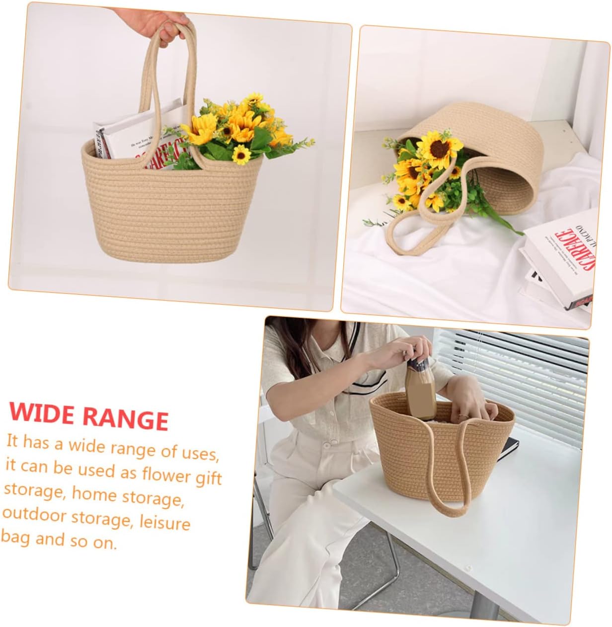 VOSAREA Khaki Woven Storage Basket for Home and Garden