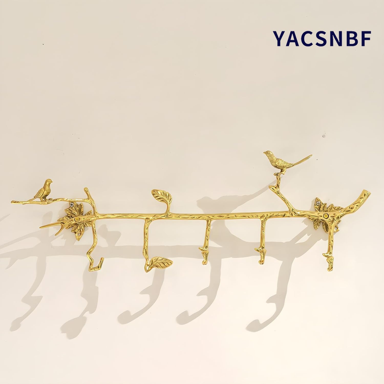 Brass Wall Mounted Hanger with 6 Hooks and Bird Decor