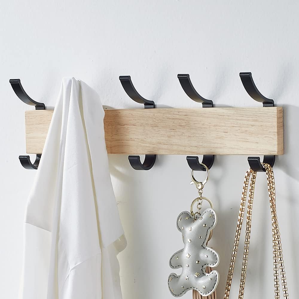 Solid Wood Coat Rack with 5 Black Hooks and Aluminum Frame