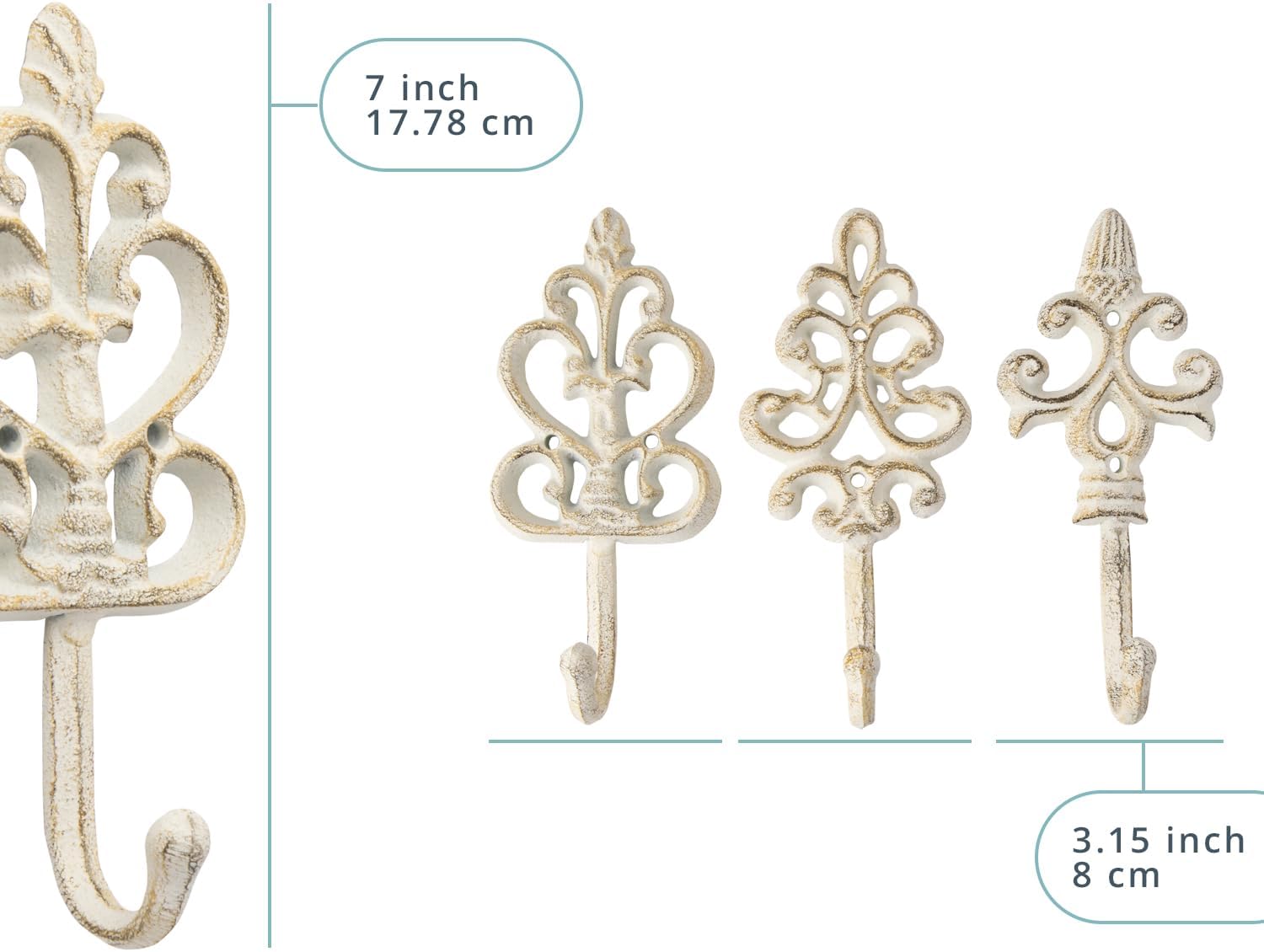Shabby Chic Wall Hooks Set of 3 Cast Iron White
