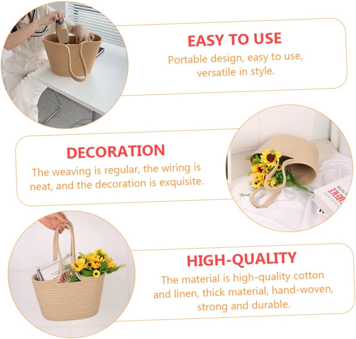VOSAREA Khaki Woven Storage Basket for Home and Garden