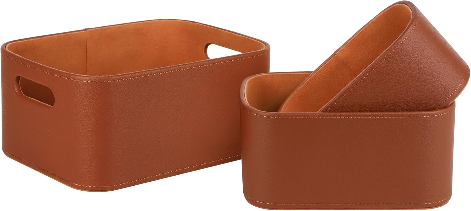 HofferRuffer Faux Leather Baskets with Velvet Lining Set of 3