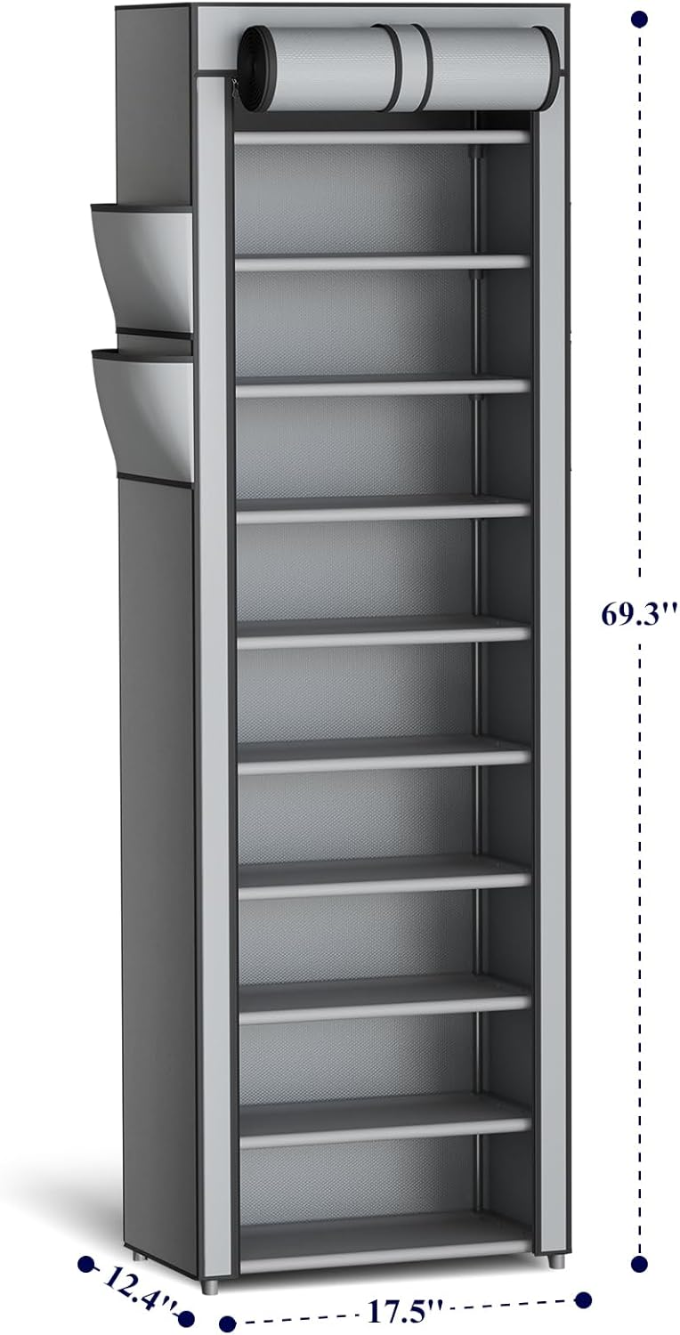 Kitsure 10-Tier Shoe Rack with Dust Cover and Side Pockets Grey