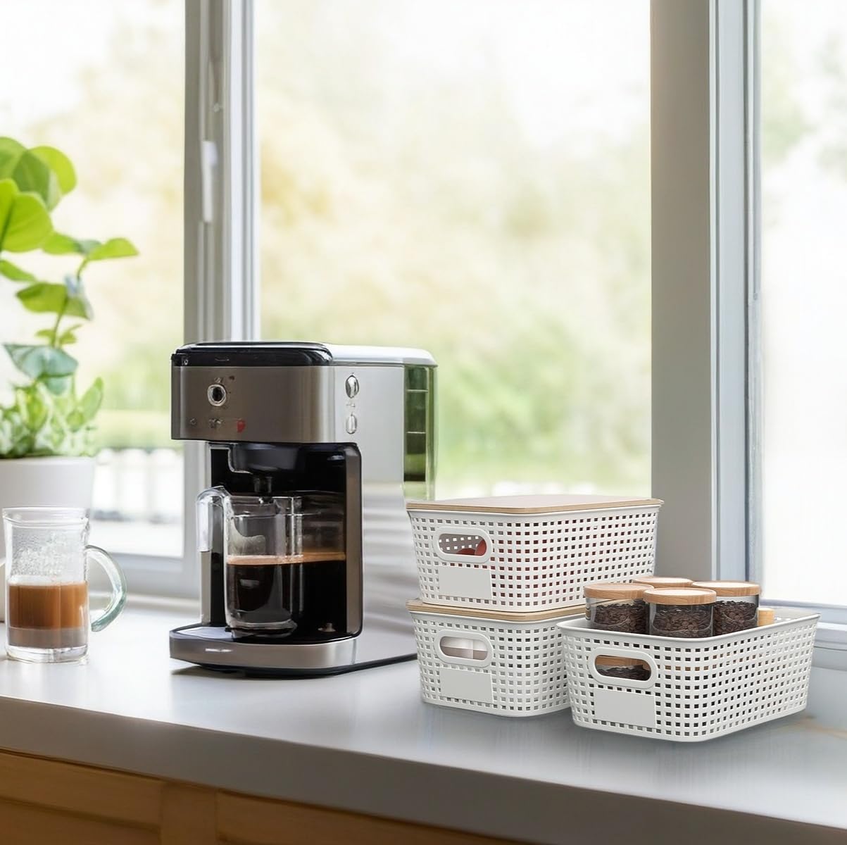 Small 5 Quart Plastic Storage Bin with Bamboo Lid 6 Pack