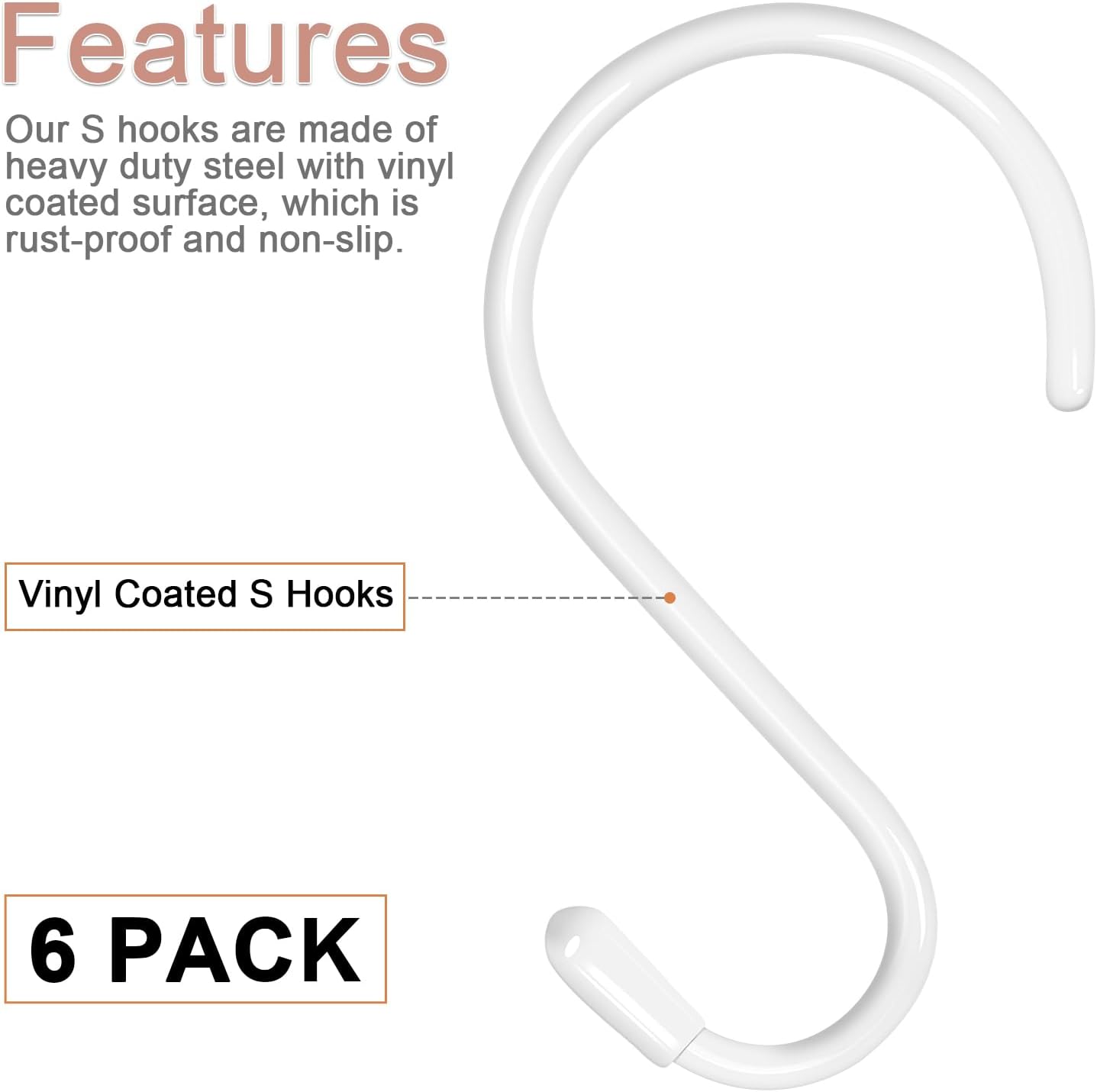6 Pack 5 Inch Heavy Duty S Hooks with Vinyl Coating