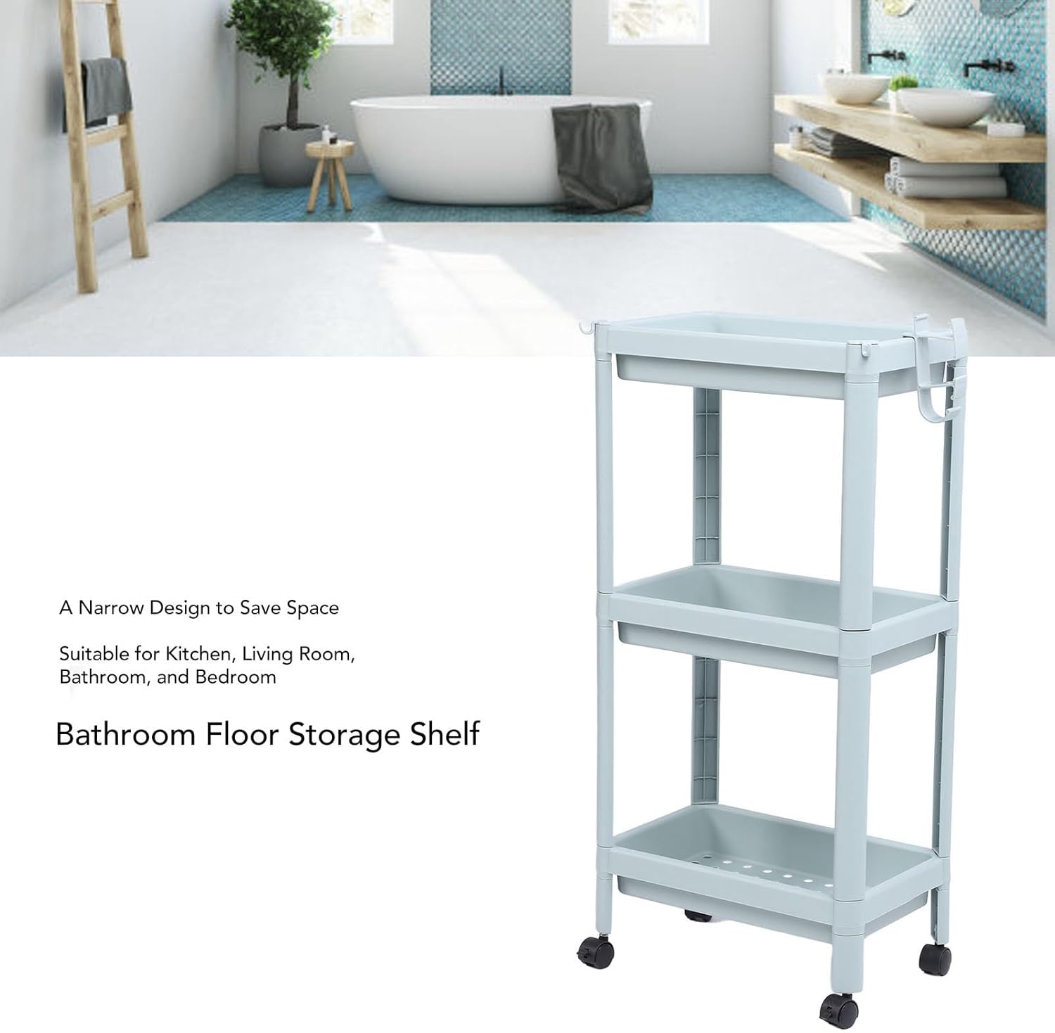 Bathroom Floor Storage Shelf with 3 Layers and Wheels