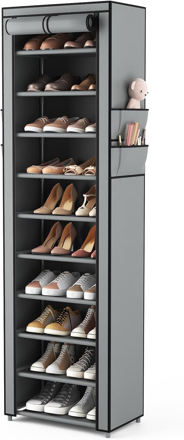 VTRIN 10 Tier Vertical Narrow Shoe Rack Organizer Tall Free Standing Grey