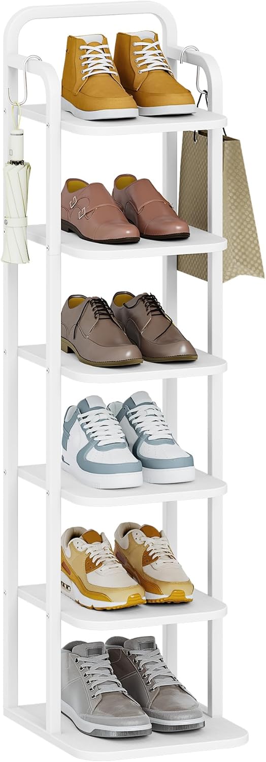 6 Tiers Vertical Shoe Rack Narrow Design Adjustable Shelves Corner Organizer for Small Spaces White SR04213W