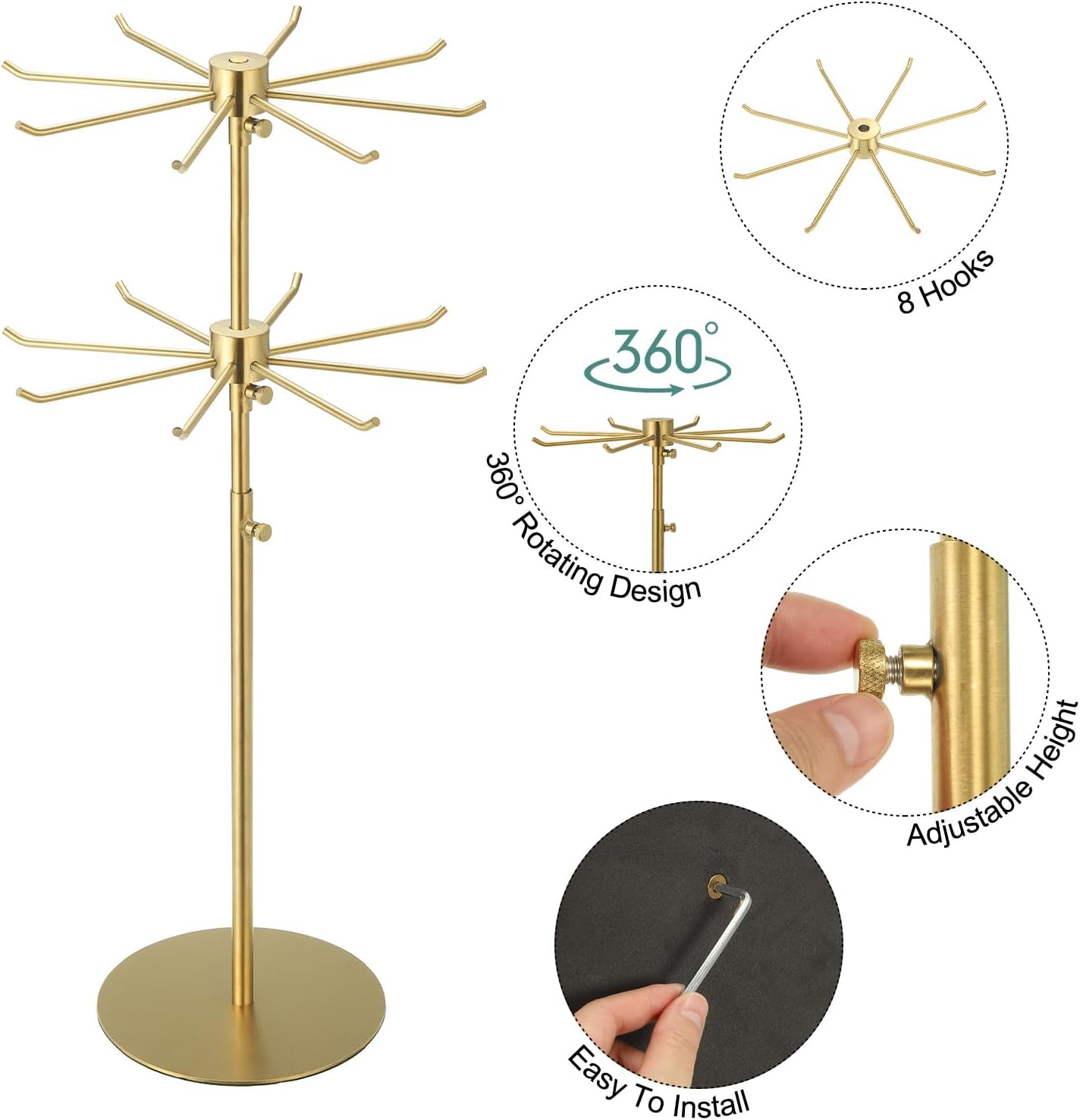 Uxcell Keychain Display Stand 1Pcs - 2 Layer Rotating Jewelry Holder with 8 Hooks