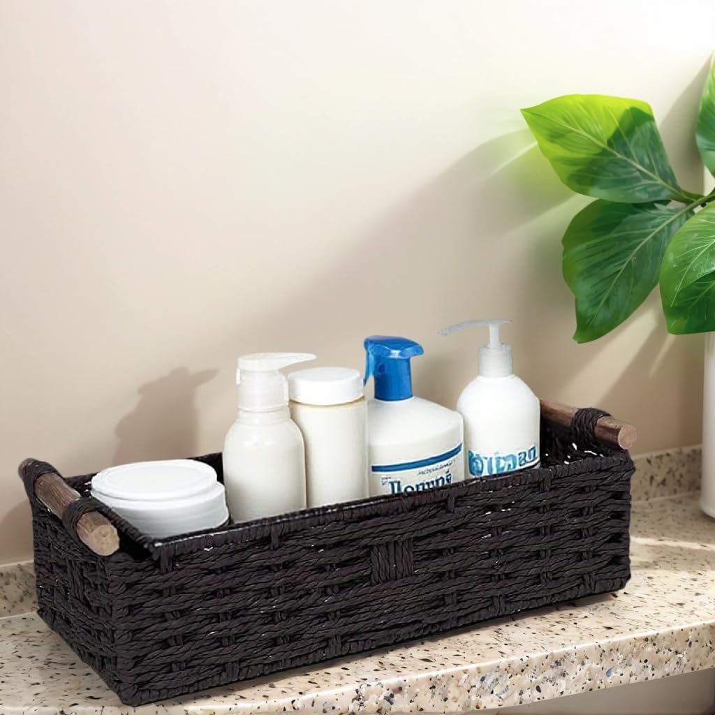 Black Paper Rope Storage Basket with Wooden Handle 1PC