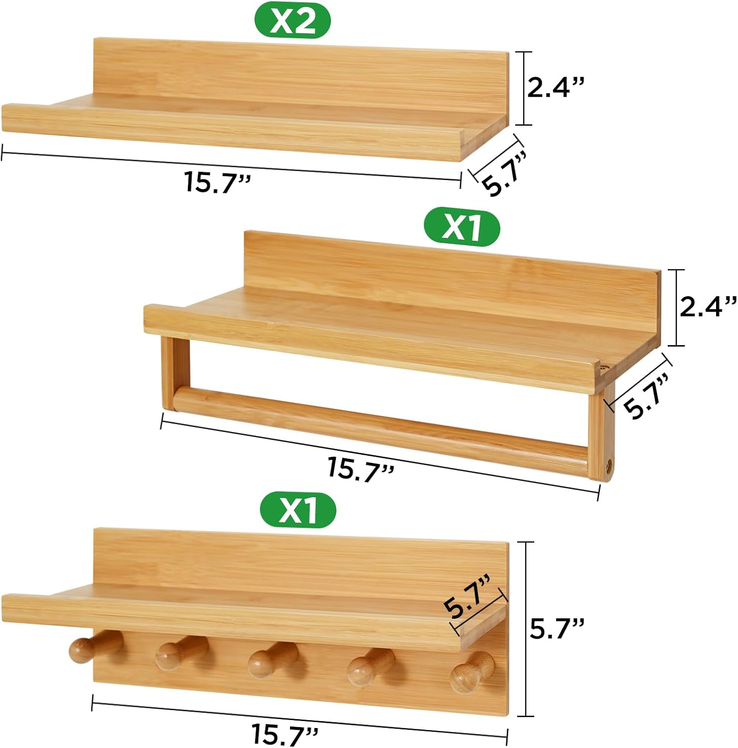 Ollieroo Set of Four Floating Bamboo Book Shelves for Kids Room Wall Mount Natural