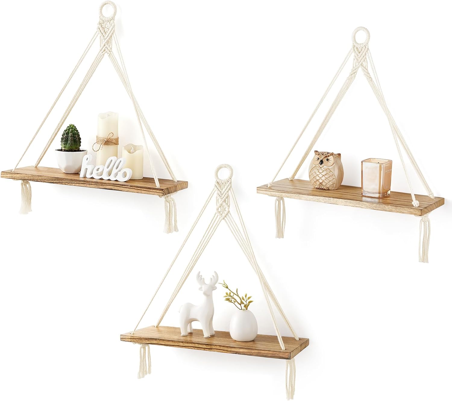 Mkono Macrame Hanging Shelves Set of 3 Rustic Wood Floating Storage Shelf for Bedroom Bathroom Living Room