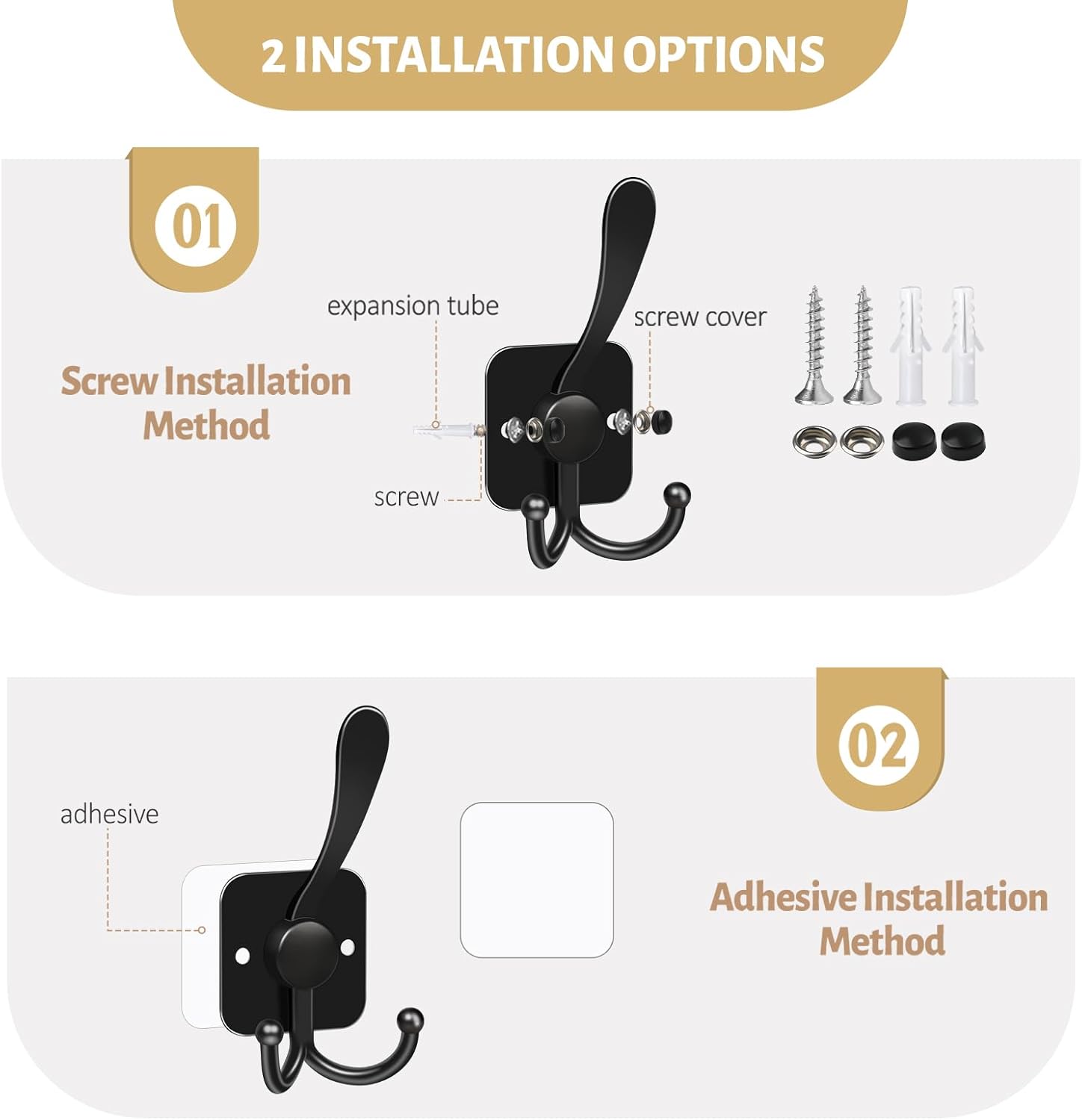 VISV 3 Prong Coat Hooks Wall Mount Black 4 Pcs