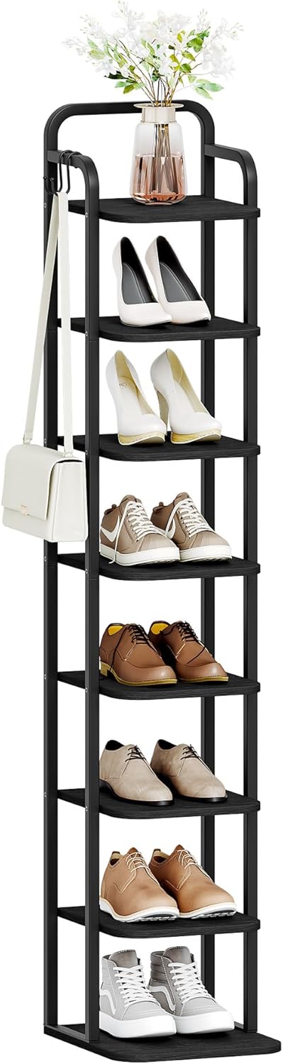 8 Tiers Vertical Shoe Rack Narrow Black Adjustable Corner Storage