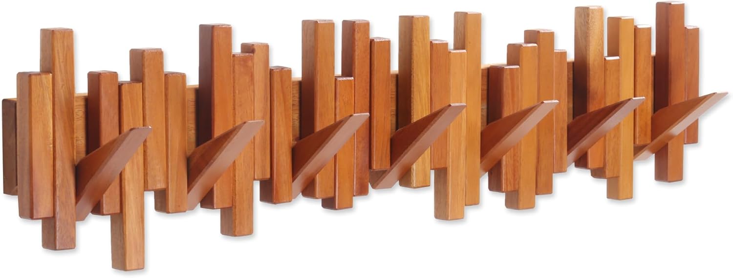 Wooden Coat Rack with 7 Flip-Down Hooks for Coats Hats and Bags