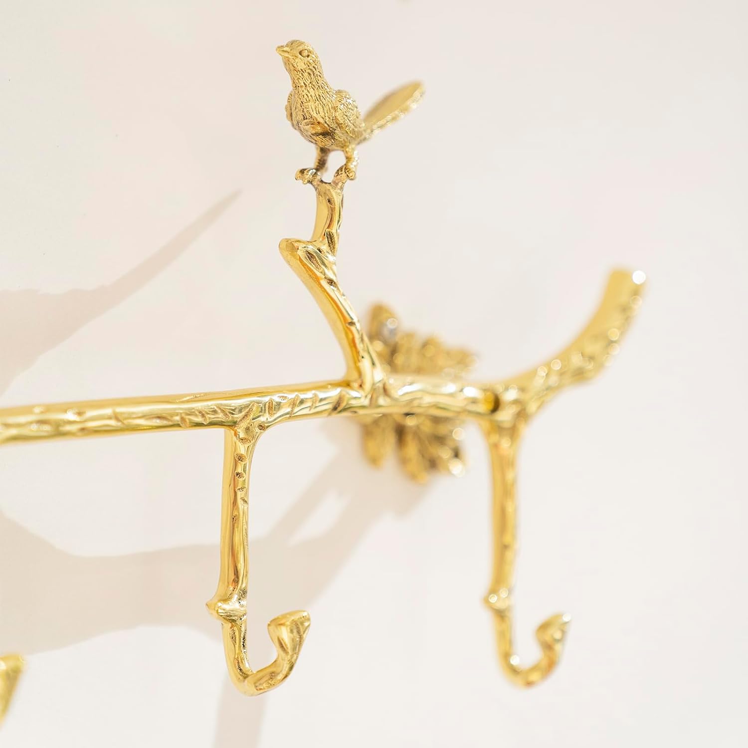 Brass Wall Mounted Hanger with 6 Hooks and Bird Decor