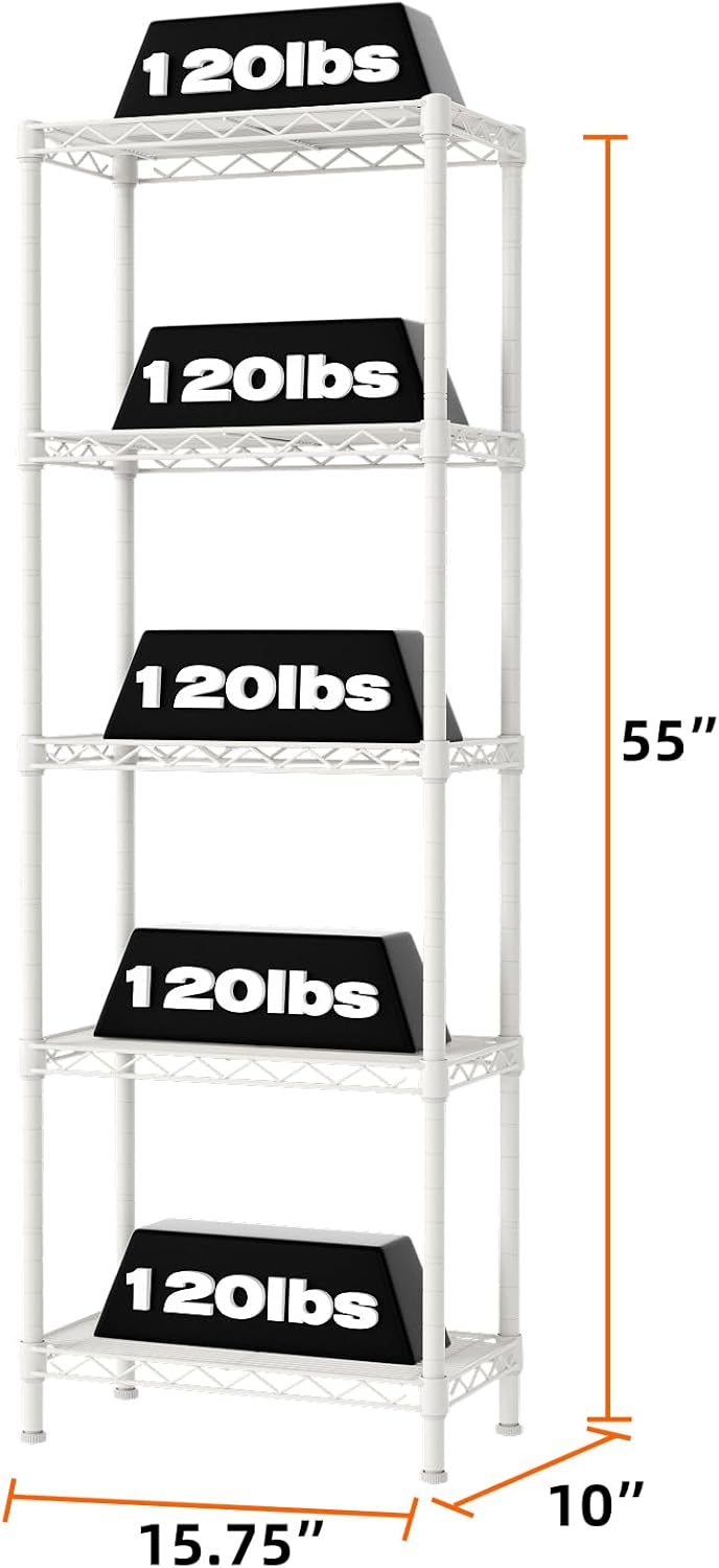 SINGAYE 5 Shelves Metal Storage Rack White 10x16x55H
