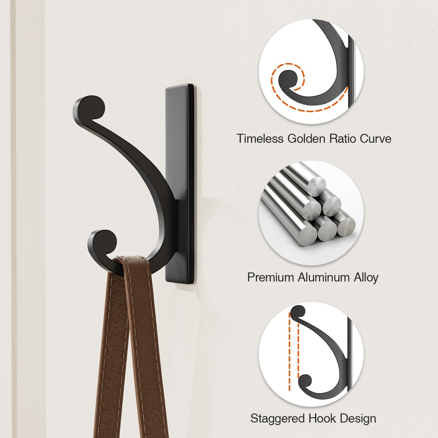 Adhesive Wall Hook for Towel or Coat - Extra Sticky 10LB Stainless Matt Black 8-Pack