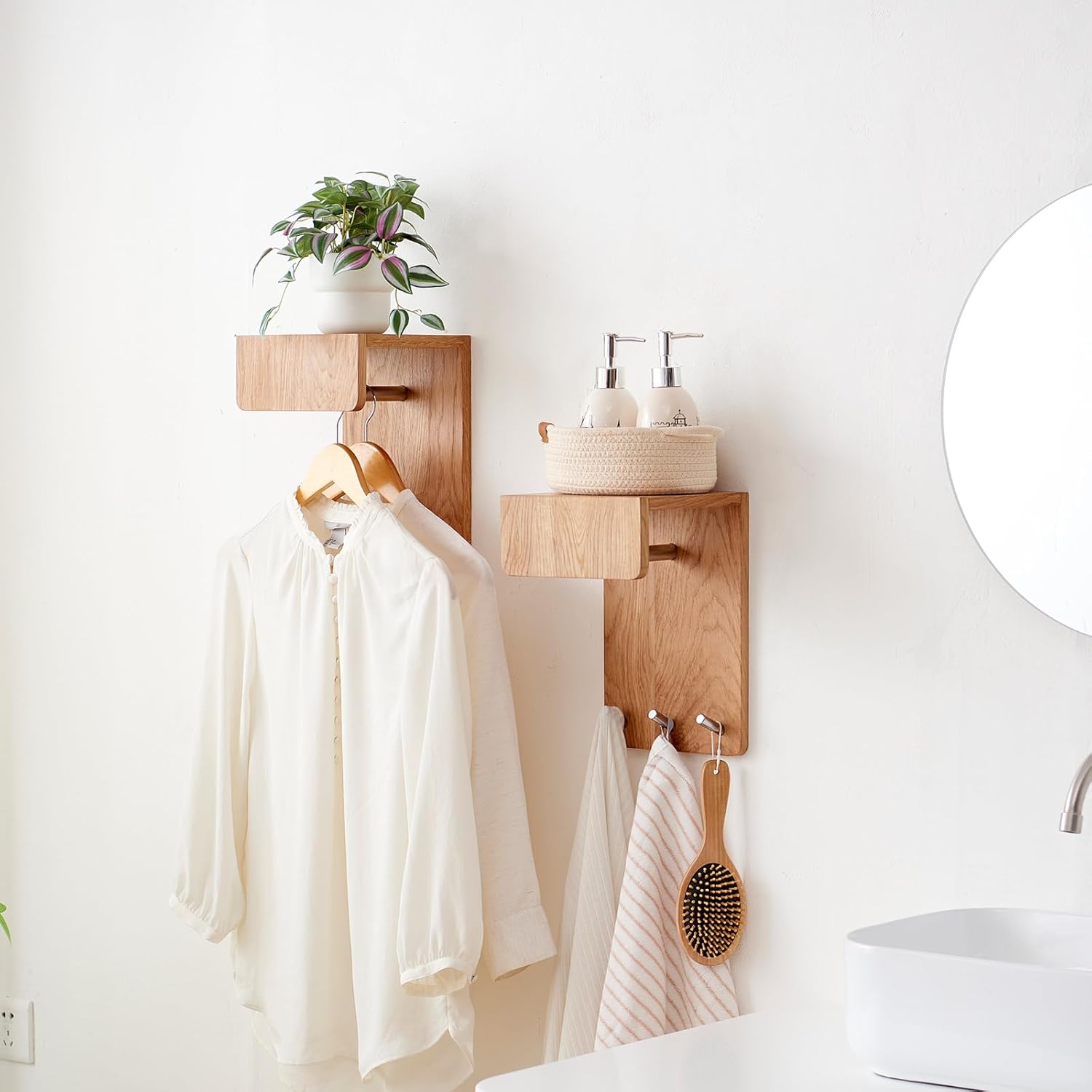 Oak Wood Wall Mounted Coat Rack with 3 Hooks and Floating Shelf