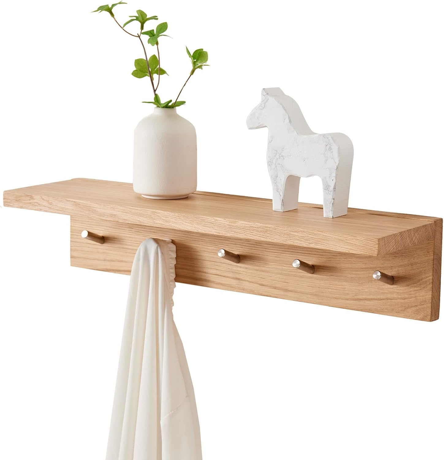 Oak Wood Wall Shelf with 5 Hooks Coat Rack
