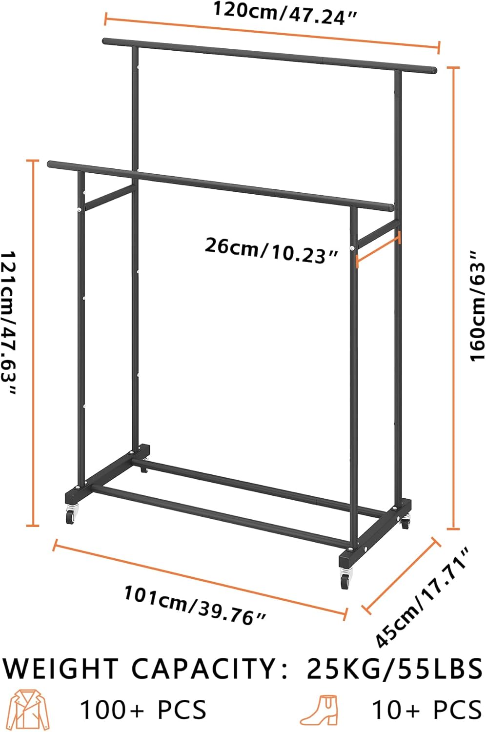 Calmootey Double Rod Garment Rack Rolling Clothes Organizer Portable for Bedroom Living Room Clothing Store Black