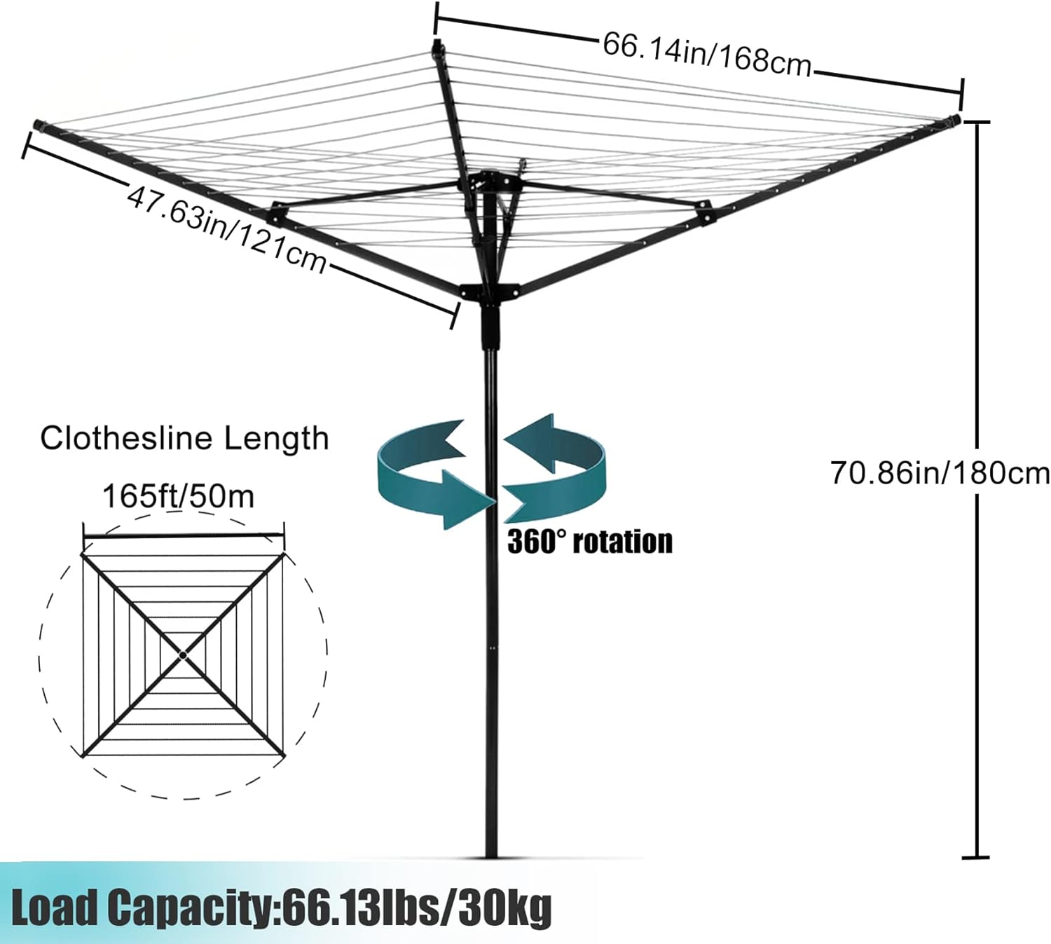 MYOYAY 4 Arm Rotating Clothesline with 165ft Rope