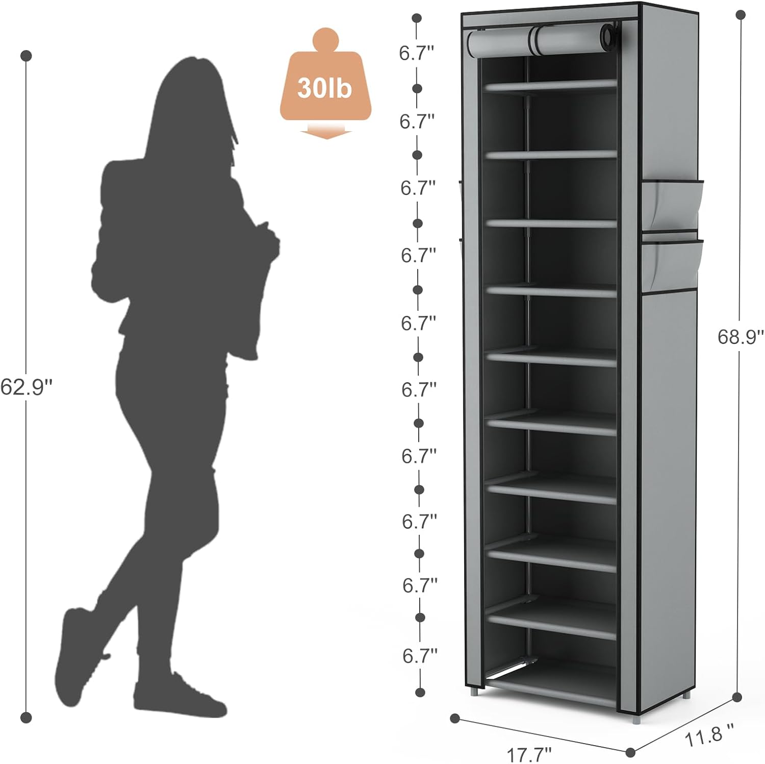 VTRIN 10 Tier Vertical Narrow Shoe Rack Organizer Tall Free Standing Grey