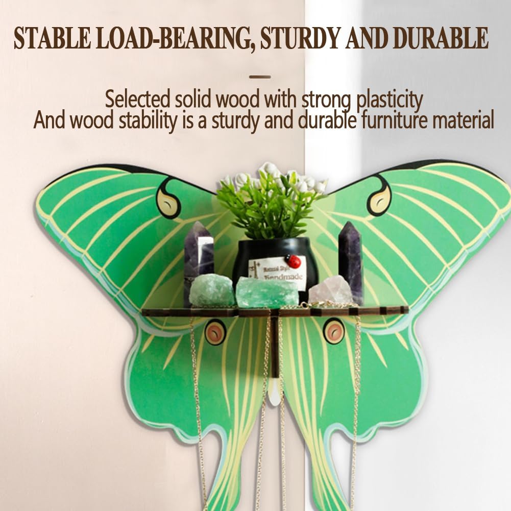 Butterfly Wall Shelf Storage Rack 1Pcs Wooden Green Butterfly Hanging Display Shelf for Stones Candles and Necklaces