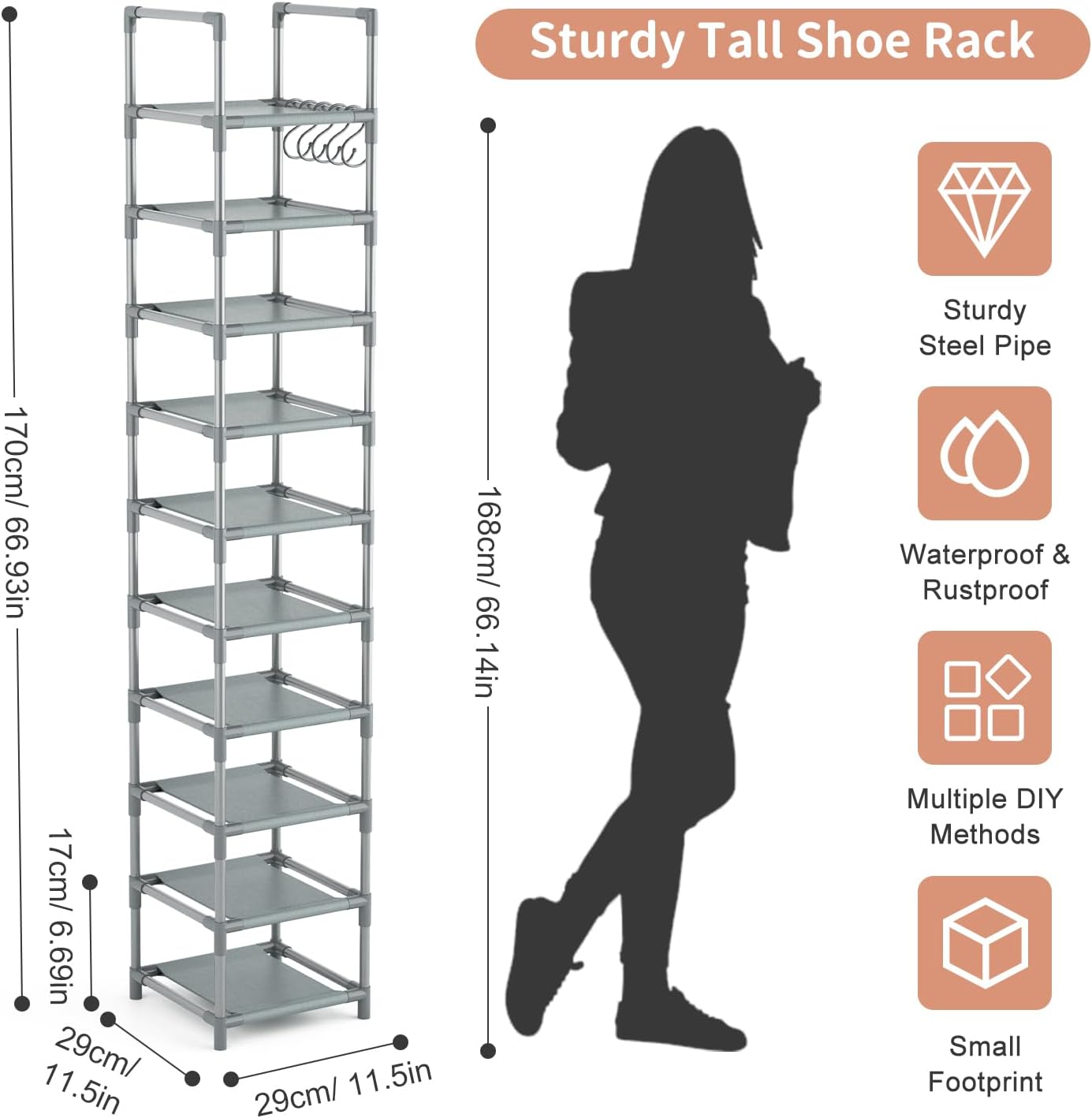 LANTEFUL 10-Tier Narrow Shoe Rack for 10-15 Pairs Space Saving Grey Organizer