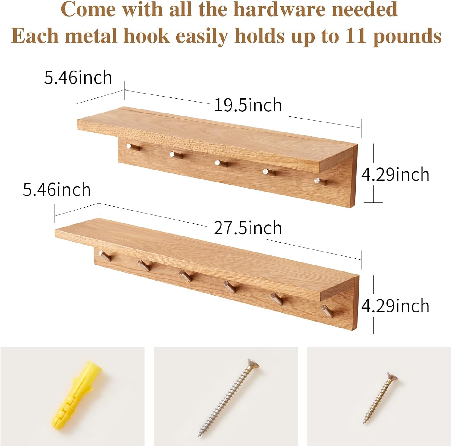 Oak Wood Coat Rack Wall Mount With Shelf 5 Hooks