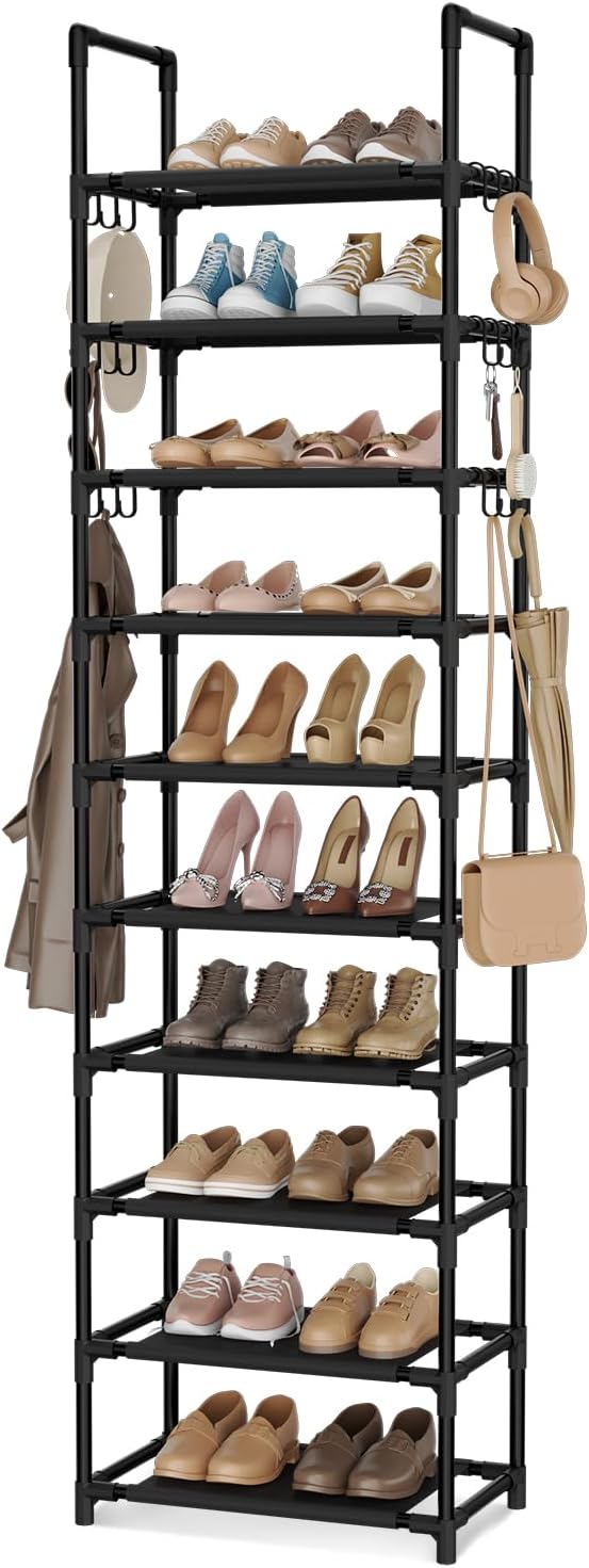 VTRIN 10 Tier Tall Shoe Rack with 18 Hooks