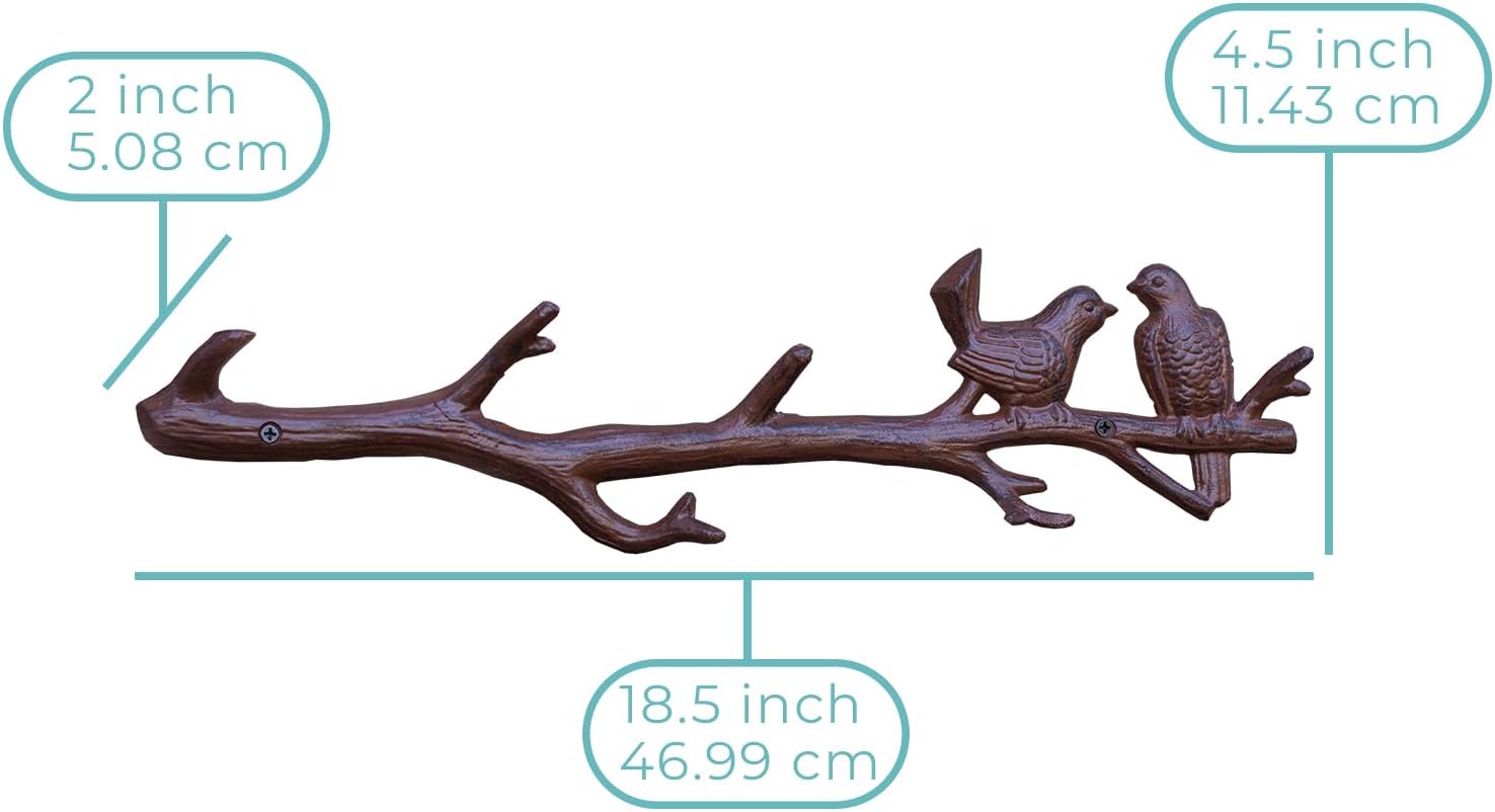 Cast Iron Birds On Branch Hook Rack with 6 Hooks