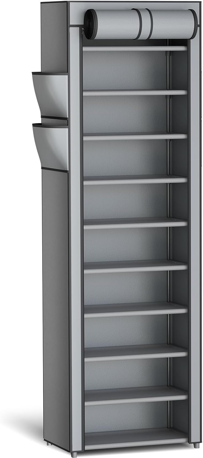 Kitsure 10-Tier Shoe Rack with Dust Cover and Side Pockets Grey