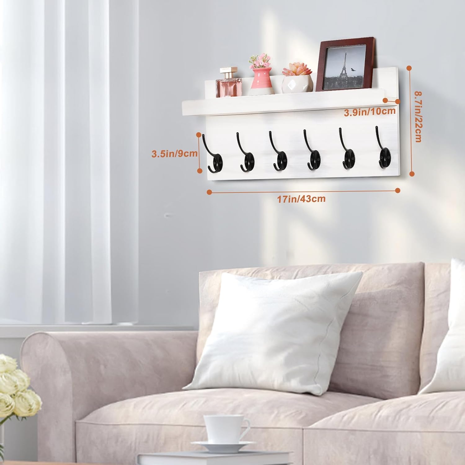 White Wall Mount Coat Rack with 6 Double Hooks and Shelf